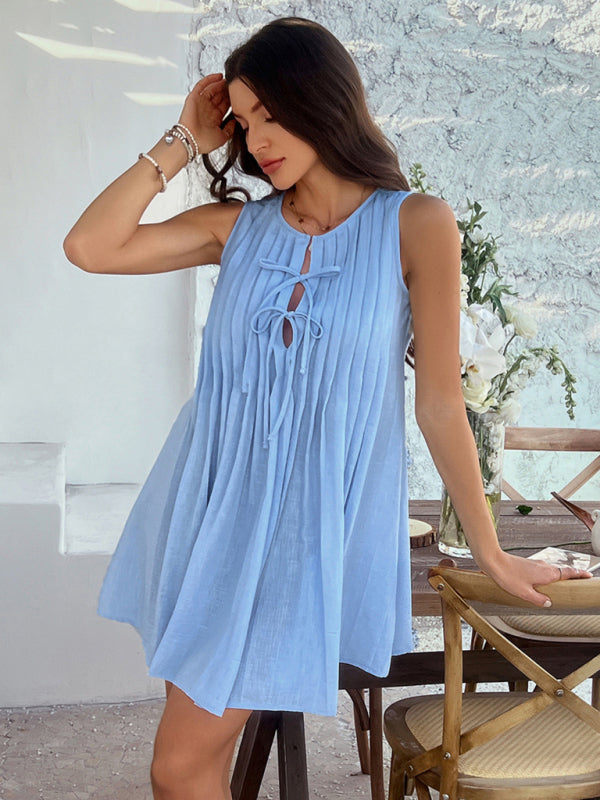 Sleeveless Pleated Midi Dress – Lace-Up Waist & A-Line Fit for Spring-Summer Days
