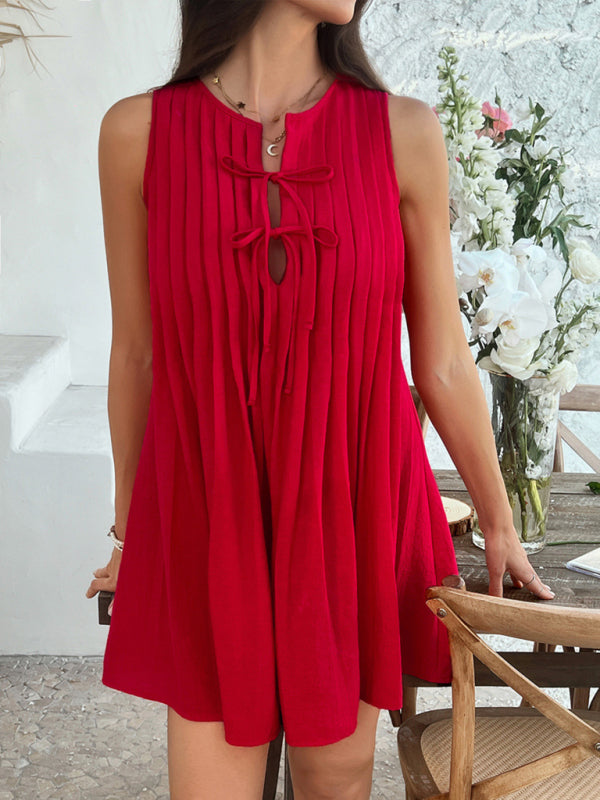 Sleeveless Pleated Midi Dress – Lace-Up Waist & A-Line Fit for Spring-Summer Days