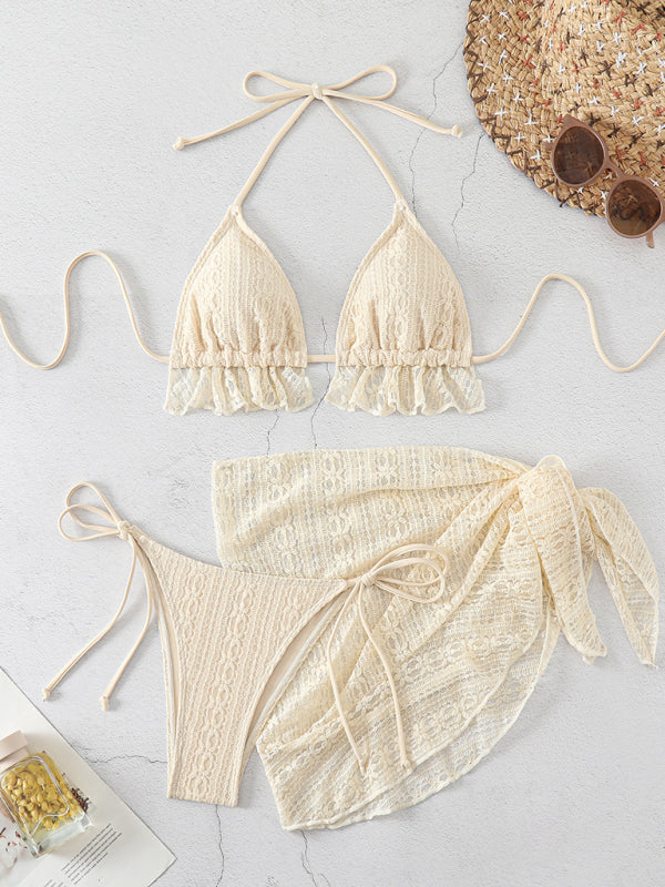 Lace-Trimmed Three-Piece Bikini Set – Sexy Lace-Up Design & Knit Cover-Up