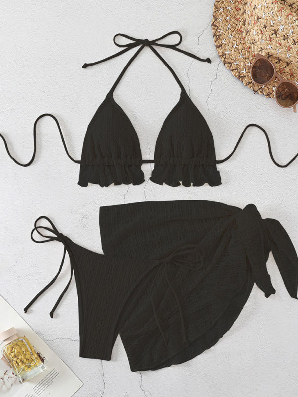 Lace-Trimmed Three-Piece Bikini Set – Sexy Lace-Up Design & Knit Cover-Up