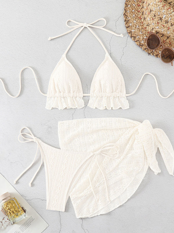 Lace-Trimmed Three-Piece Bikini Set – Sexy Lace-Up Design & Knit Cover-Up