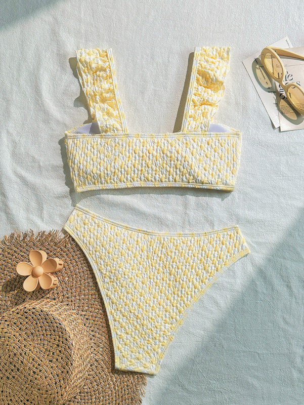 Ruffled Triangle Bikini Set – Yellow Two-Piece Swimwear with High Elasticity