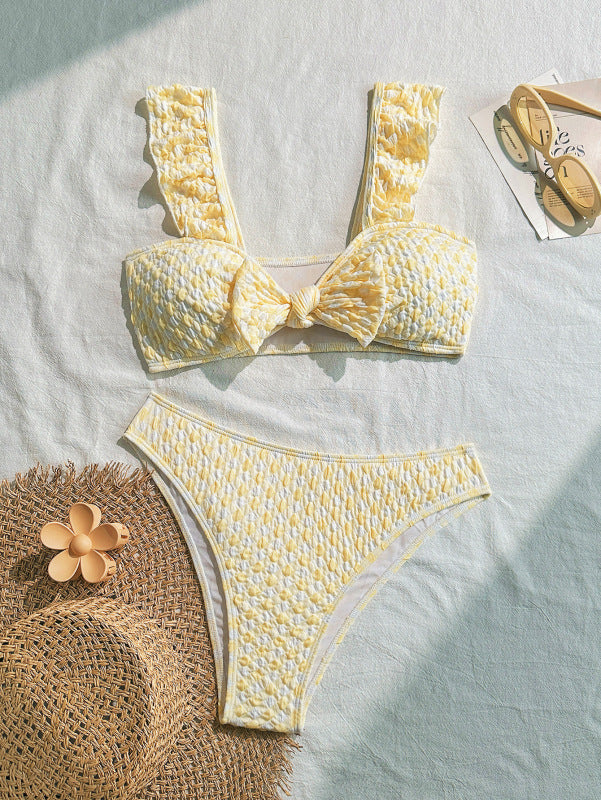 Ruffled Triangle Bikini Set – Yellow Two-Piece Swimwear with High Elasticity