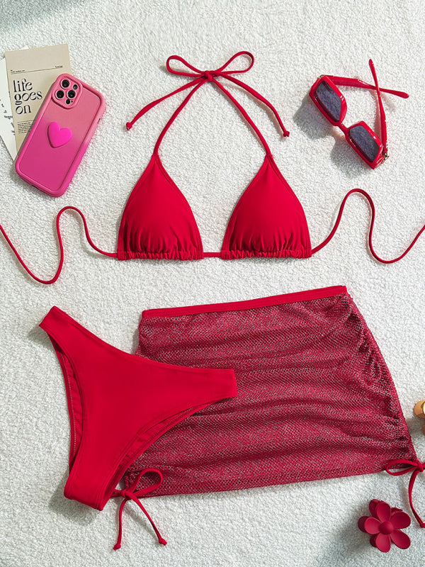 Solid Color 3-Piece Backless Bikini Set – Sexy Knit Swimwear with Cover-Up