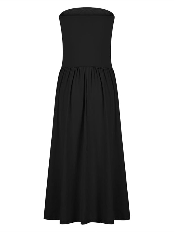 Strapless Elegant Pleated Long Dress – Solid Black, Spring-Summer Style