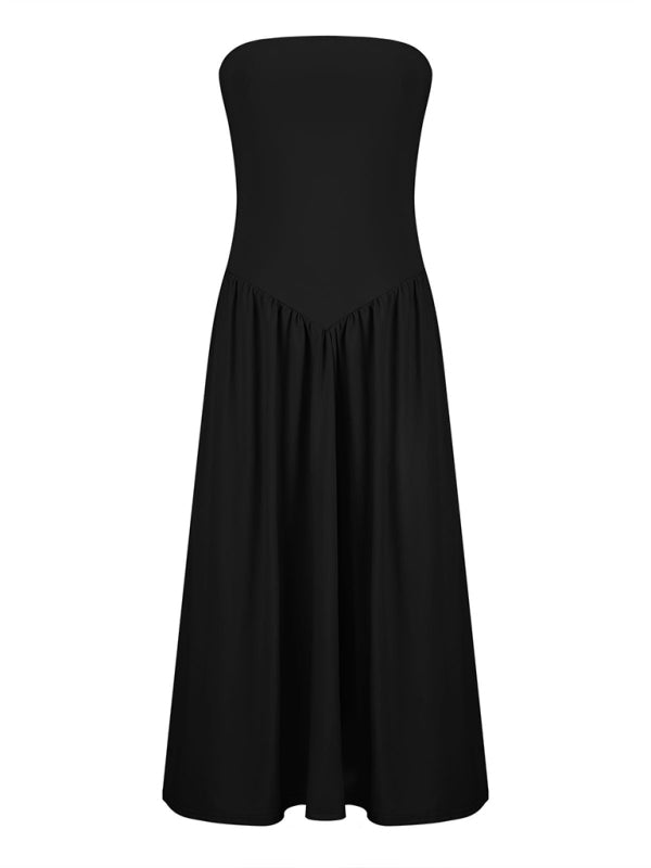 Strapless Elegant Pleated Long Dress – Solid Black, Spring-Summer Style