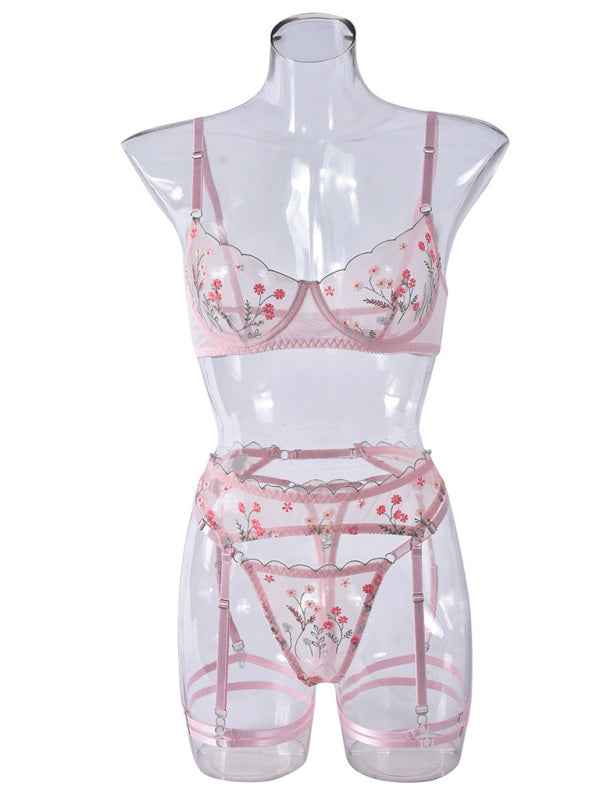 Embroidered Mesh Four-Piece Lingerie Set – Sexy & Elegant Lace Design