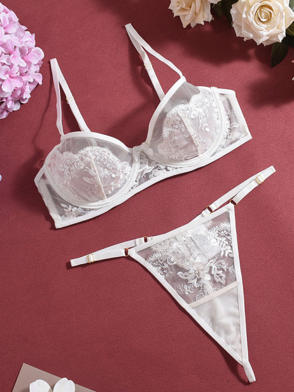 Lace Embroidered Sexy Lingerie 4-Piece Set – Bra, Panty, Garter & Stockings