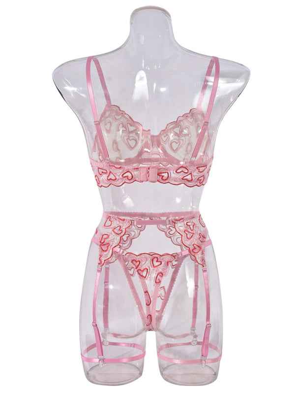 Love Embroidered Pink Lingerie Set – Four-Piece, Lace Details, Sexy Fit