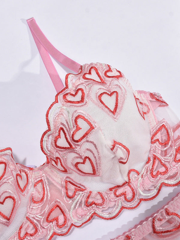 Love Embroidered Pink Lingerie Set – Four-Piece, Lace Details, Sexy Fit