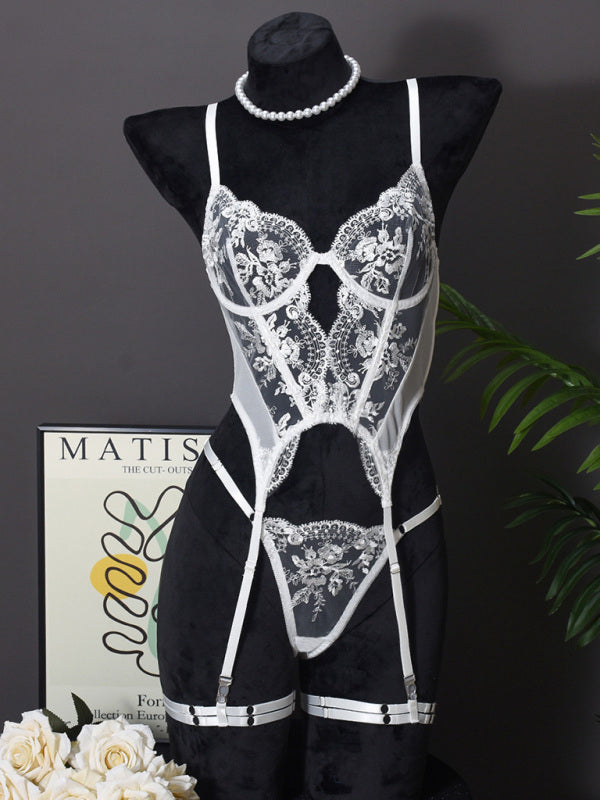 Embroidered White Lingerie Set – Fishbone Corset, Bra & Panty 3-Piece