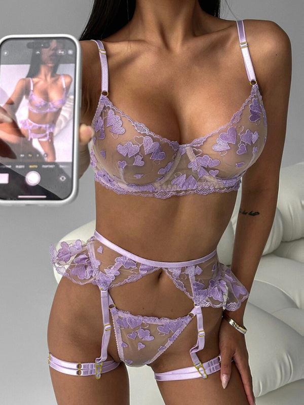 Heart-Shaped Embroidered Four-Piece Lingerie Set – Sheer Lace & Adjustable Fit