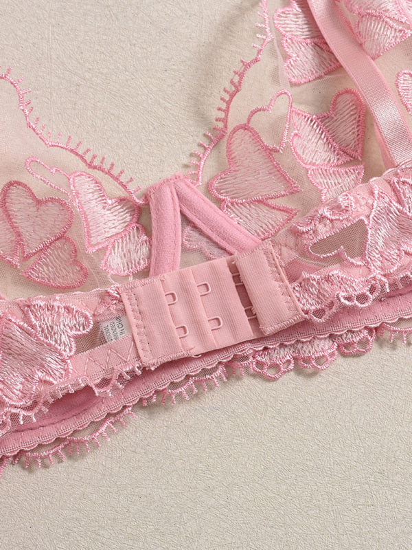 Heart-Shaped Embroidered Four-Piece Lingerie Set – Sheer Lace & Adjustable Fit