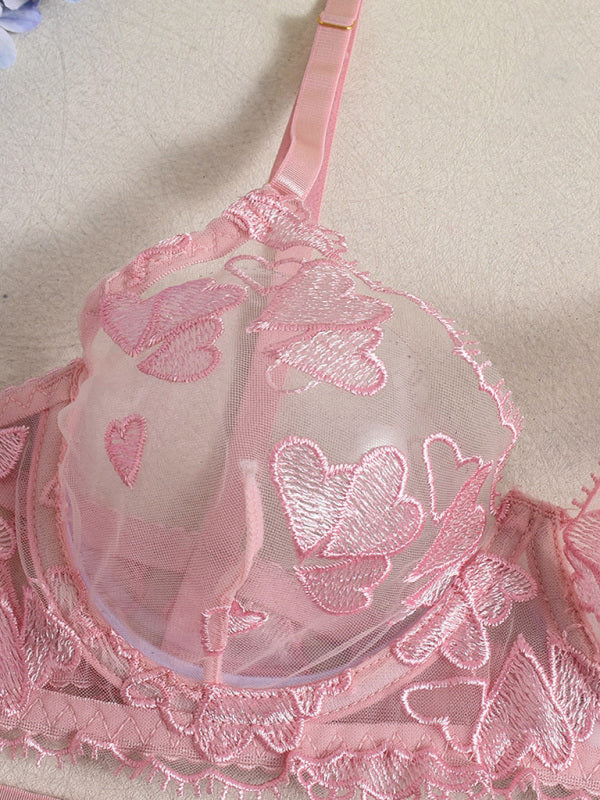 Heart-Shaped Embroidered Four-Piece Lingerie Set – Sheer Lace & Adjustable Fit