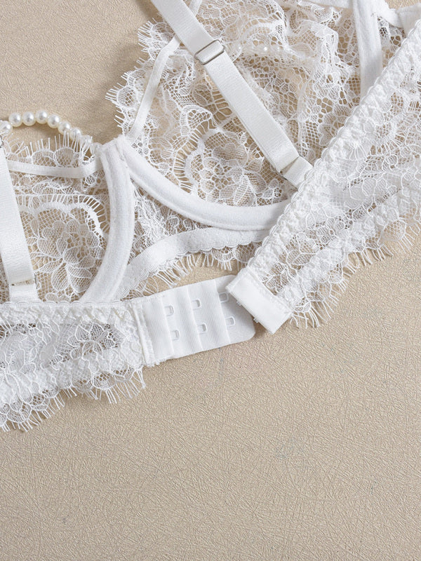 Lace Pearl Bra Set with Removable Fishbone Waist – Handmade Eyelash Detail