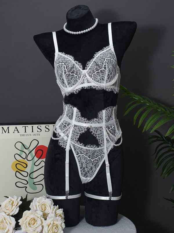 Lace Pearl Bra Set with Removable Fishbone Waist – Handmade Eyelash Detail