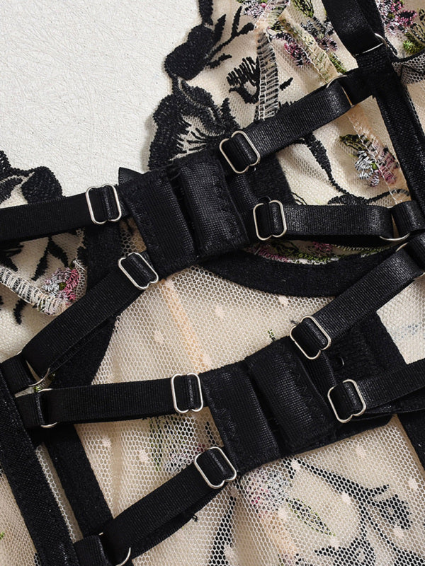 Lace Embroidered 2-Piece Lingerie Set – Sheer Girdle & Fishbone Bra in Black