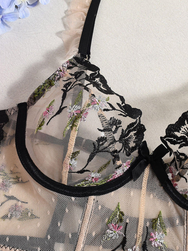 Lace Embroidered 2-Piece Lingerie Set – Sheer Girdle & Fishbone Bra in Black