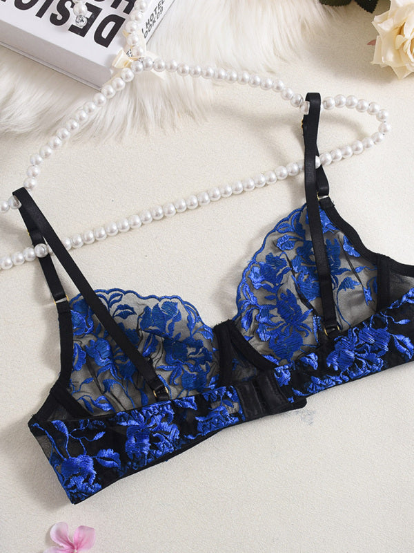 Embroidered Lace Mesh Lingerie Set – 4-Piece See-Through Intimate Ensemble