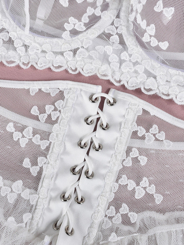 Embroidered Lace-Up Mesh Lingerie Set with Waist-Slimming Skirt – White