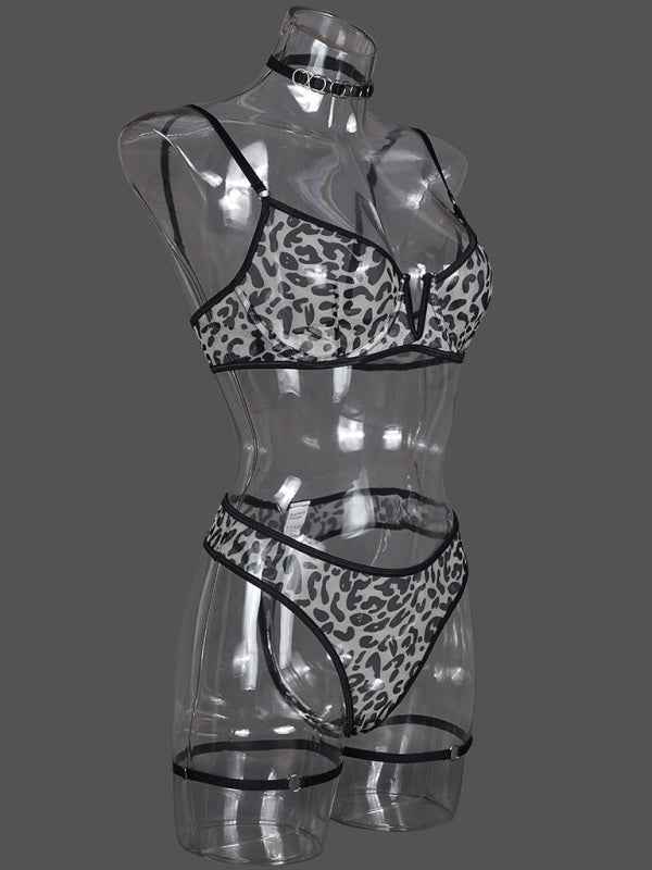 Leopard Mesh Lingerie Set with Polka Dots – Includes Choker & Anklets