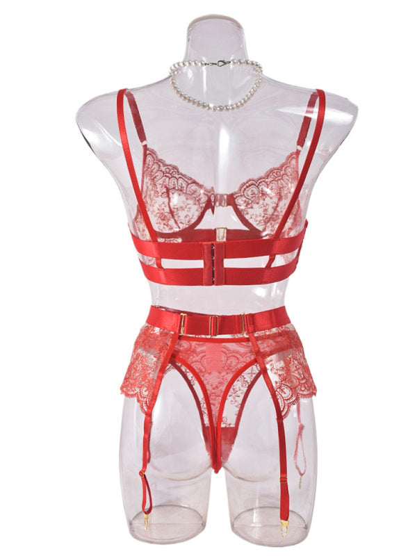 Embroidered Sheer Lingerie Set with Metal Button Detail – Red, White, Black