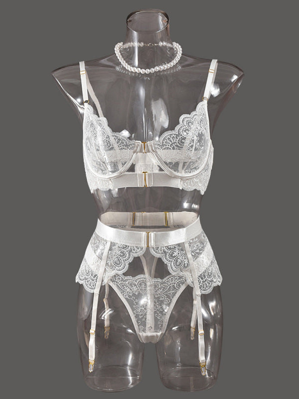 Embroidered Sheer Lingerie Set with Metal Button Detail – Red, White, Black