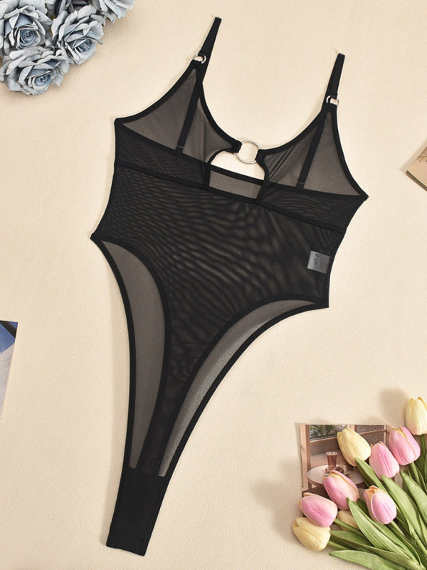 Mesh See-Through Jumpsuit with Iron Ring & Hollow Chest Cutout – Sexy Knit Design