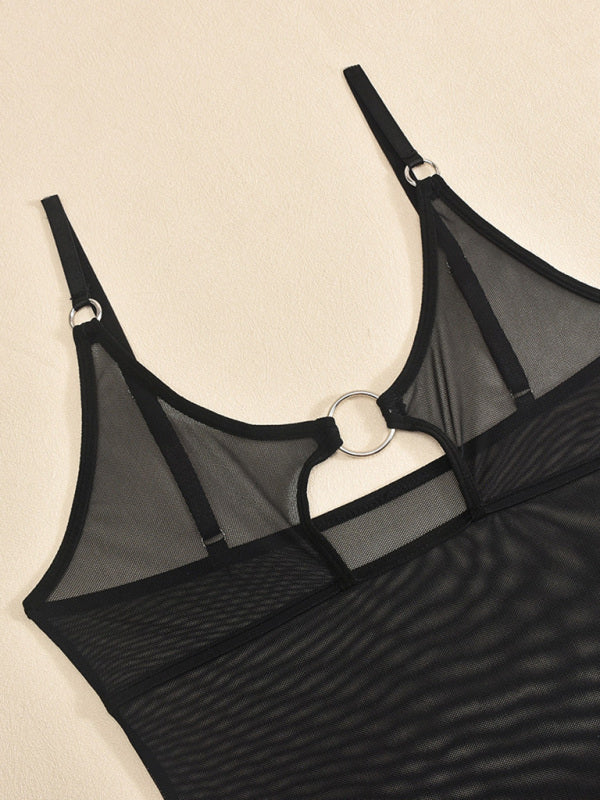Mesh See-Through Jumpsuit with Iron Ring & Hollow Chest Cutout – Sexy Knit Design