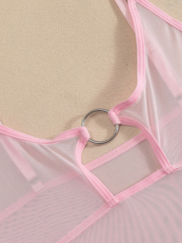 Mesh See-Through Jumpsuit with Iron Ring & Hollow Chest Cutout – Sexy Knit Design