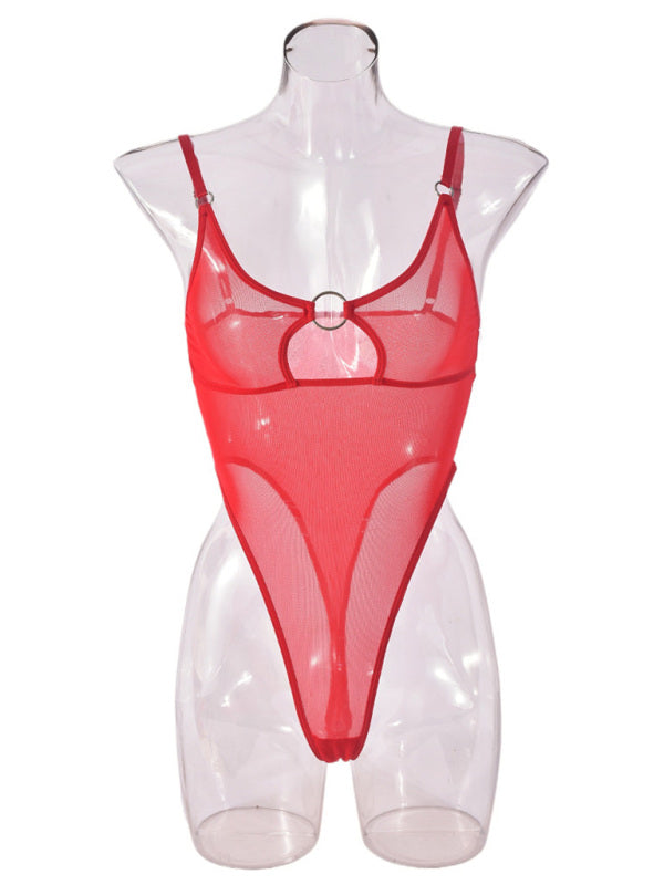 Mesh See-Through Jumpsuit with Iron Ring & Hollow Chest Cutout – Sexy Knit Design