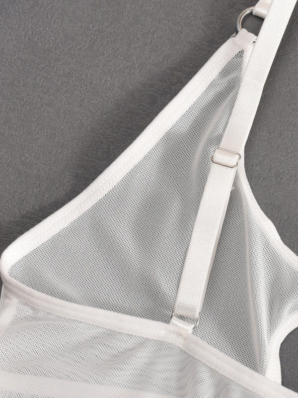 Mesh See-Through Jumpsuit with Iron Ring & Hollow Chest Cutout – Sexy Knit Design