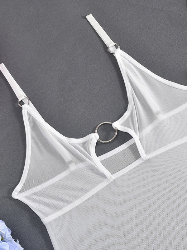 Mesh See-Through Jumpsuit with Iron Ring & Hollow Chest Cutout – Sexy Knit Design