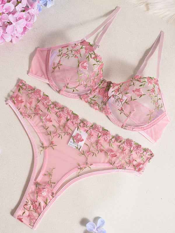 Floral Embroidered Lingerie Set – Sheer Bra & Panty in Pink
