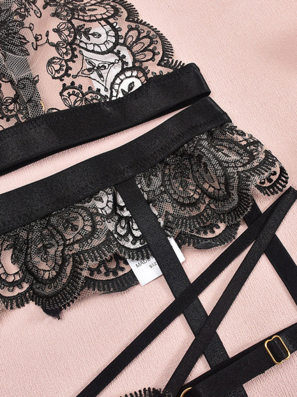 Embroidered Lace Lingerie Set – Hollow Chest Design, Sexy Four-Piece Ensemble