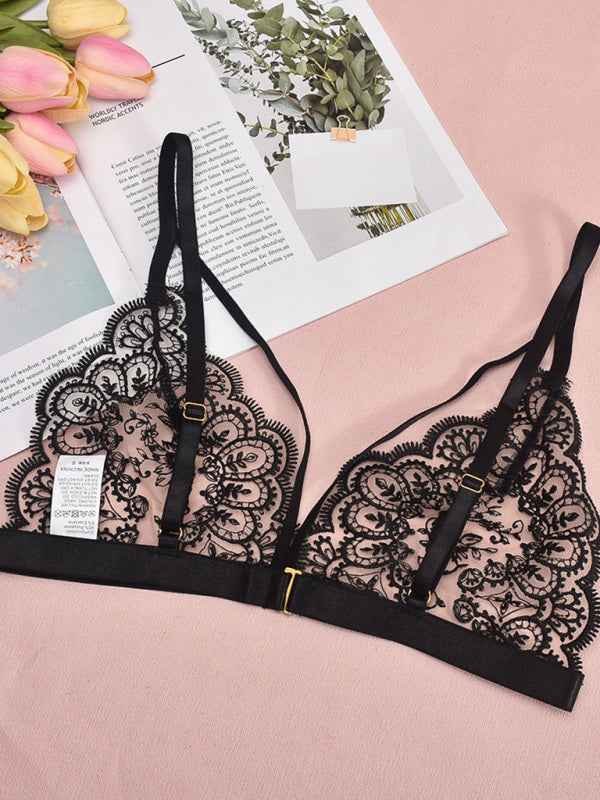 Embroidered Lace Lingerie Set – Hollow Chest Design, Sexy Four-Piece Ensemble