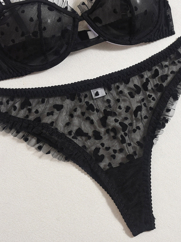 Sheer Lace Lingerie Set with Heart Flocking – Ultra-Thin & Sexy
