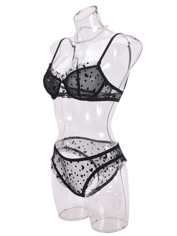 Sheer Lace Lingerie Set with Heart Flocking – Ultra-Thin & Sexy