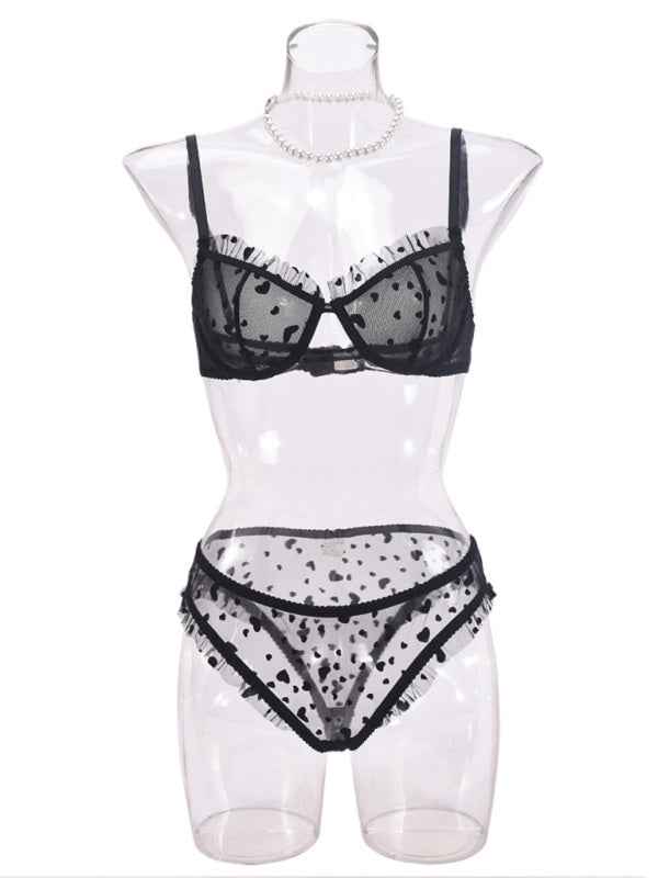 Sheer Lace Lingerie Set with Heart Flocking – Ultra-Thin & Sexy