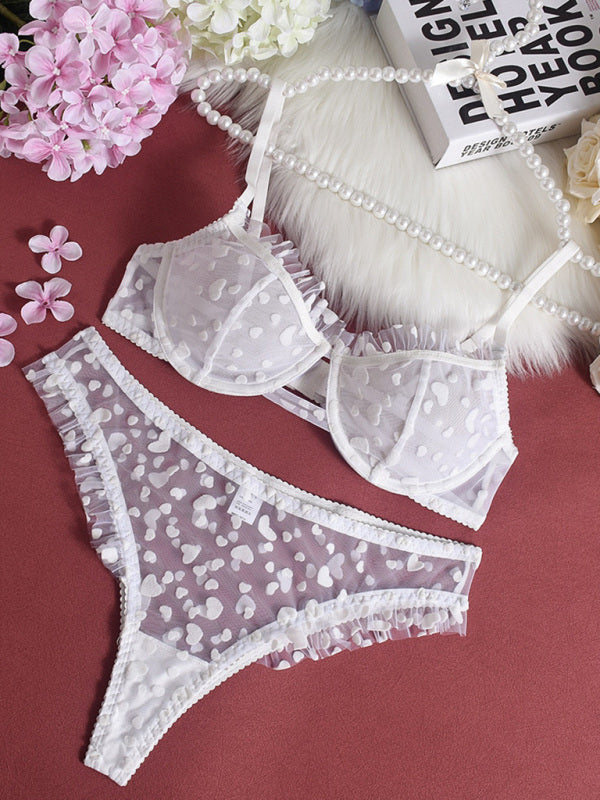 Sheer Lace Lingerie Set with Heart Flocking – Ultra-Thin & Sexy