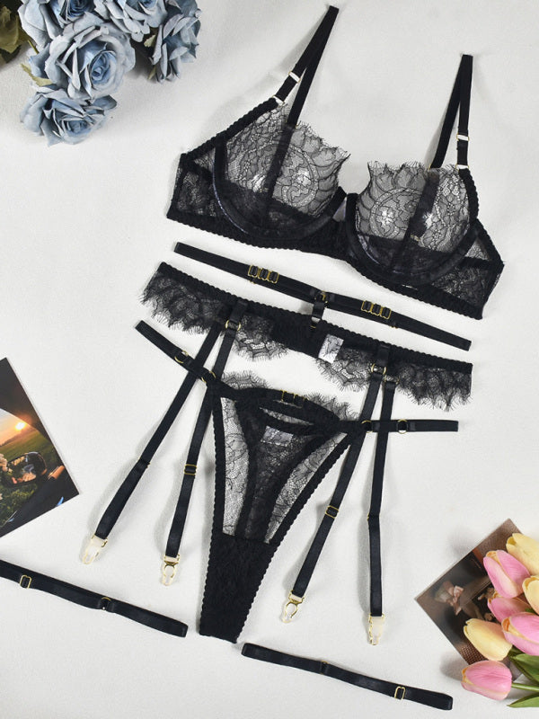 Eyelash Lace 3-Piece Lingerie Set – Sexy Elegant Bra, Panty & Garter Belt