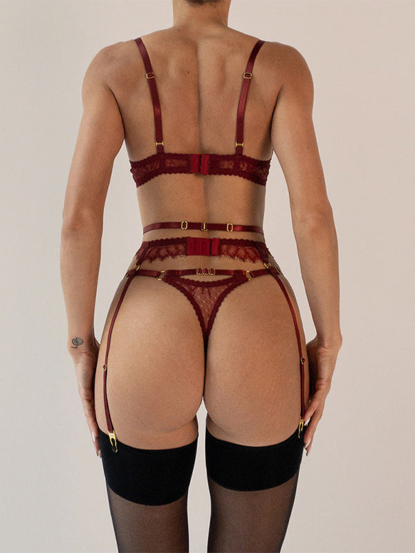 Eyelash Lace 3-Piece Lingerie Set – Sexy Elegant Bra, Panty & Garter Belt
