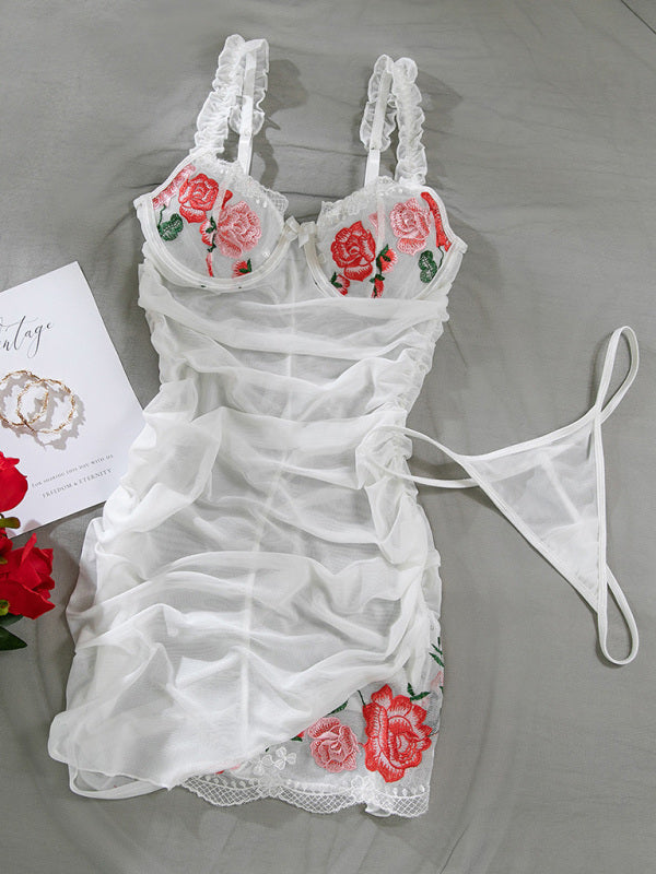 Embroidered Floral Mesh Two-Piece Set – Sheer Suspender Top & Pleated Skirt