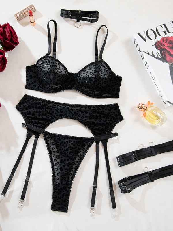 Leopard Mesh Lingerie Set – Sheer Suspender Bra & Panty – Spring Sexy Look