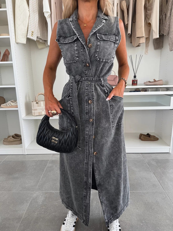 Sleeveless Denim Midi Dress – Tie Waist, Button-Front, Spring-Summer Style