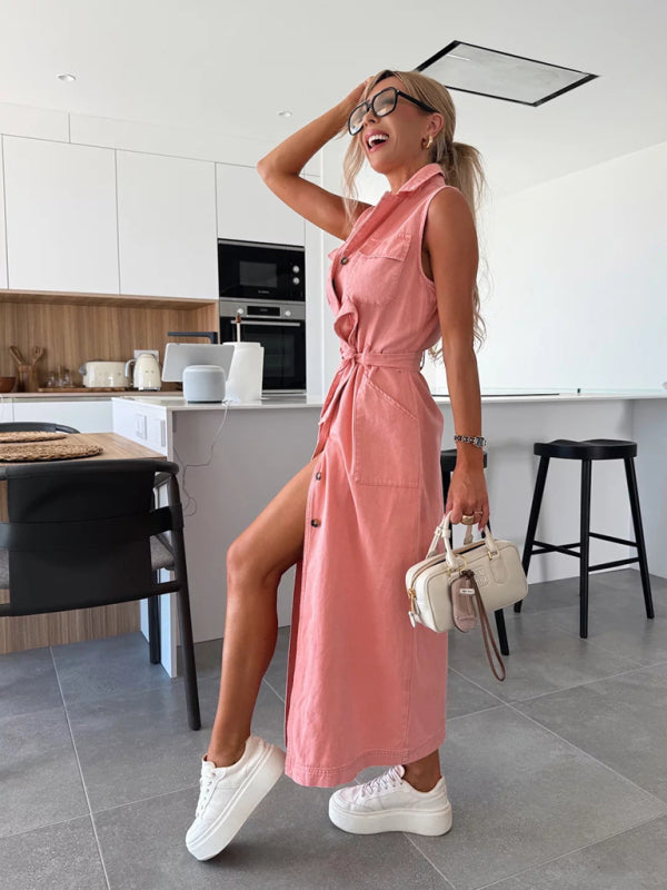 Sleeveless Denim Midi Dress – Tie Waist, Button-Front, Spring-Summer Style