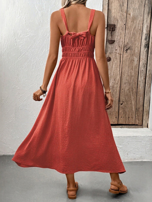 Strapless Pleated Midi Dress – Dark Red Woven Sleeveless Style for Daily Wear