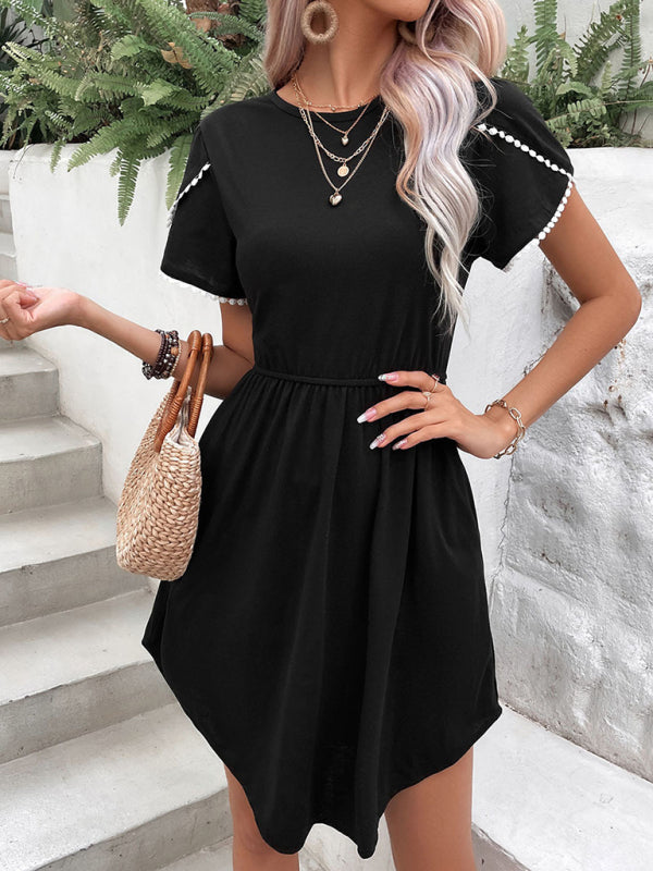 Lace Petal Sleeve T-Shirt Dress – Round Neck, Daily Fit, Black