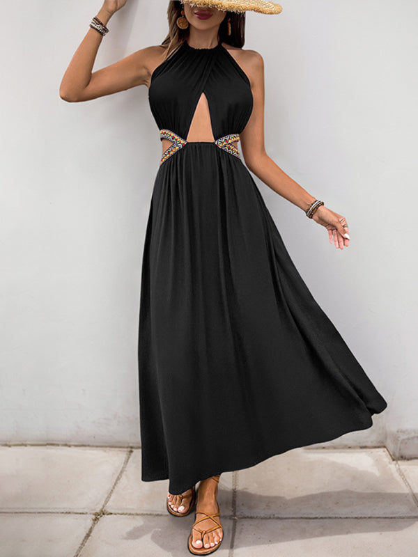 Waist-Baring Hollow Tie Midi Vacation Dress – Black Rayon, No Stretch