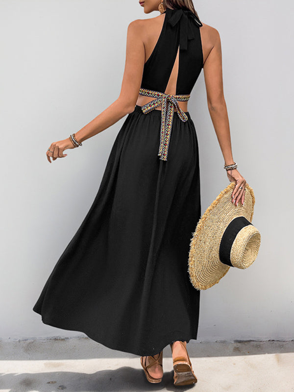 Waist-Baring Hollow Tie Midi Vacation Dress – Black Rayon, No Stretch